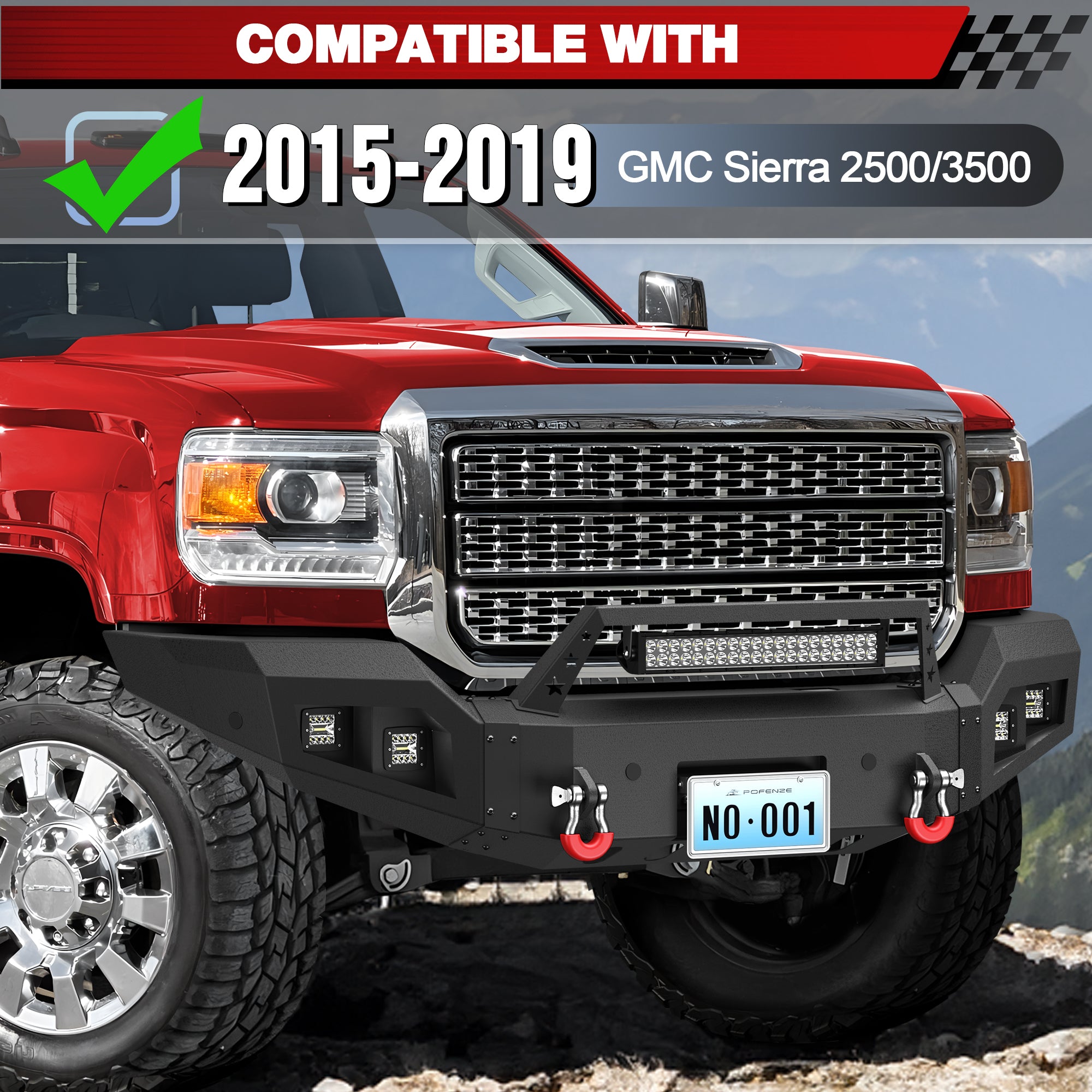 for Sierra 2500 3500 Front Bumper Compatible with 2015-2016-2017-2018-2019 GMC Sierra 2500 3500 HD Pickup Truck Bumper with Winch Plate, Lights, Sensor Holes, License Plate Bracket & D-rings