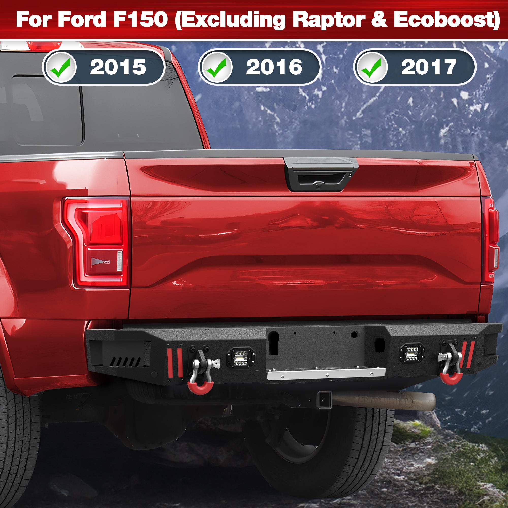F150 Rear Bumpers Compatible with 2015 - 2025 Ford F150 F - 150 with Sensor Holes, LED Lights & D - rings - Longsunmotor