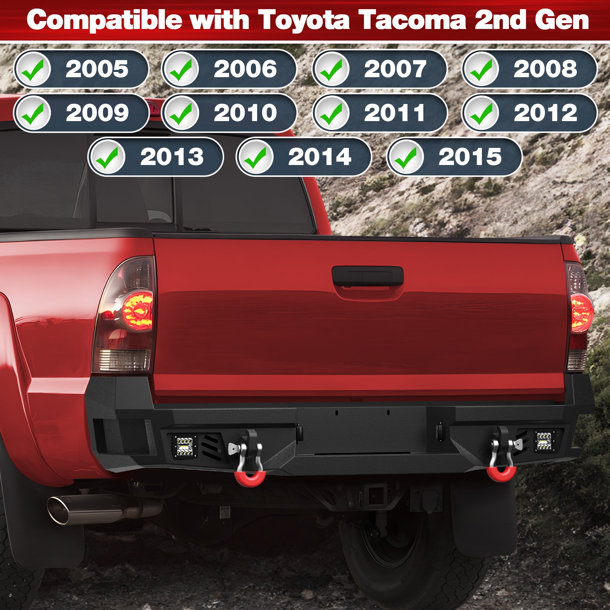 For 2005-2015 Toyota Tacoma Steel New Rear Bumper With Lights&D-Rings（Black Texture）