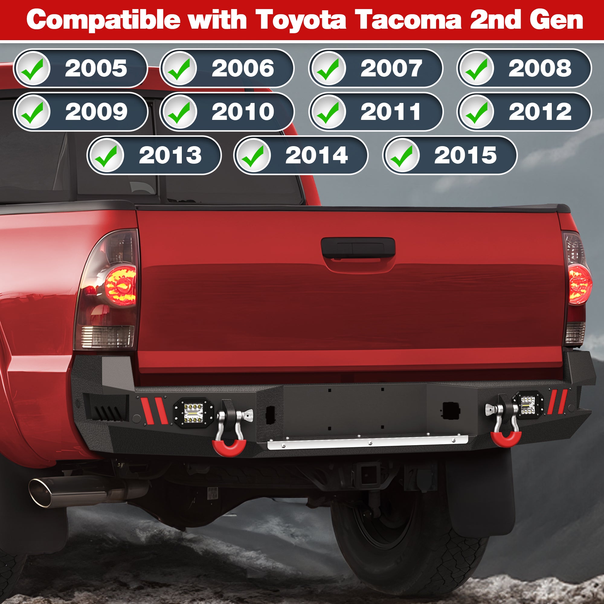 For 2005-2015 Toyota Tacoma 2nd Gen Steel New Rear Bumper With Lights & D-Rings (Black Texture)