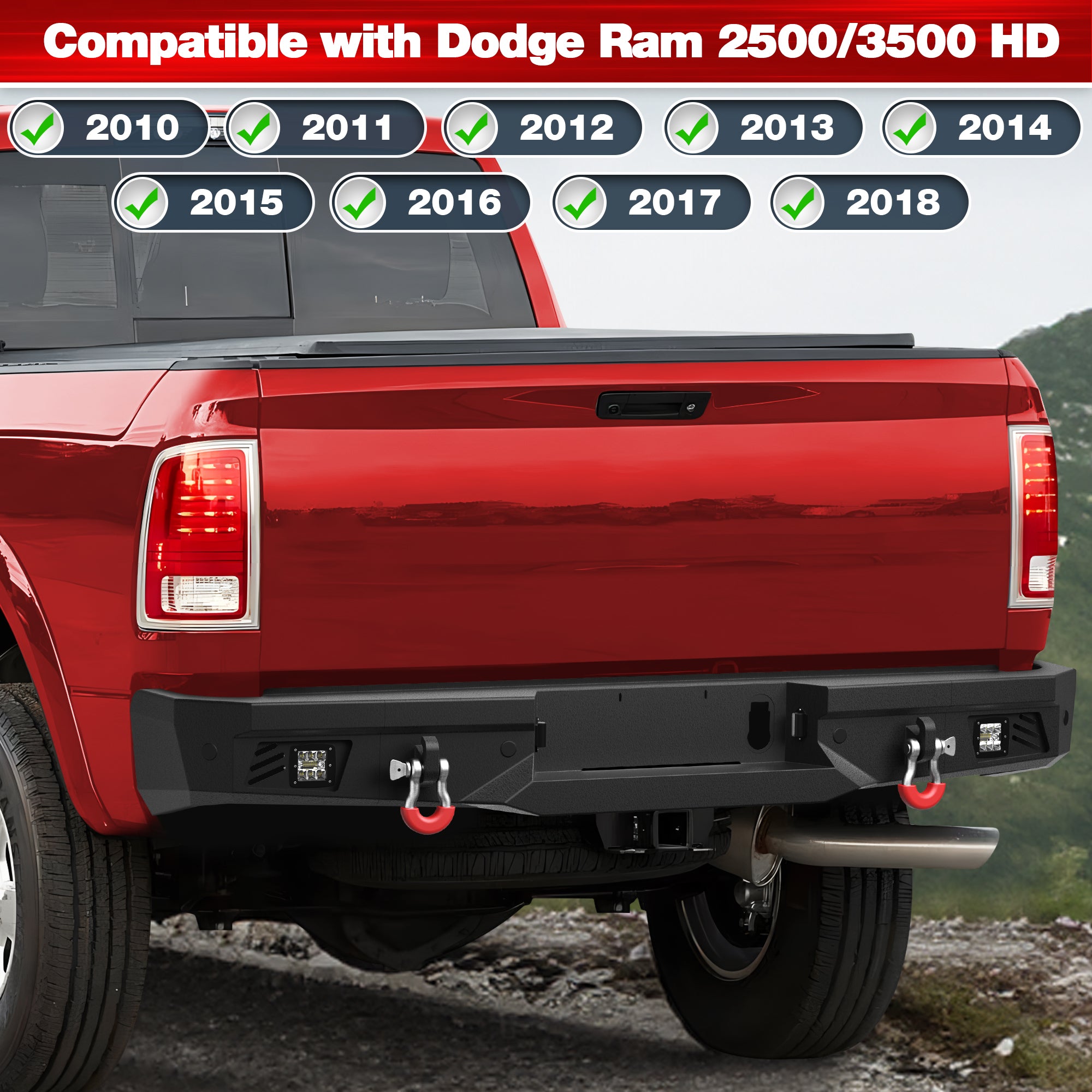 Off Road Rear Bumper Fit 2010-2018 Ram 2500 3500 Heavy Duty Bumper with Lights and D-rings