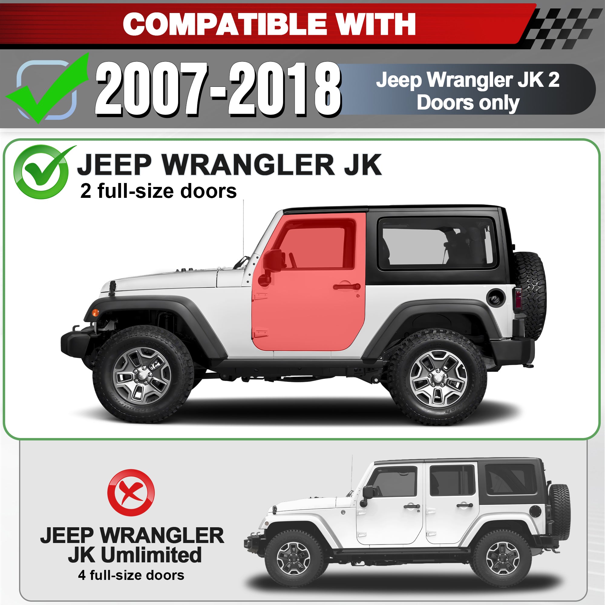 Running Boards Fit 2007-2018 Jeep Wrangler JK 2 Door Only, Heavy Duty Off-Road Side Steps Nerf Bars No Drill Bolt-On
