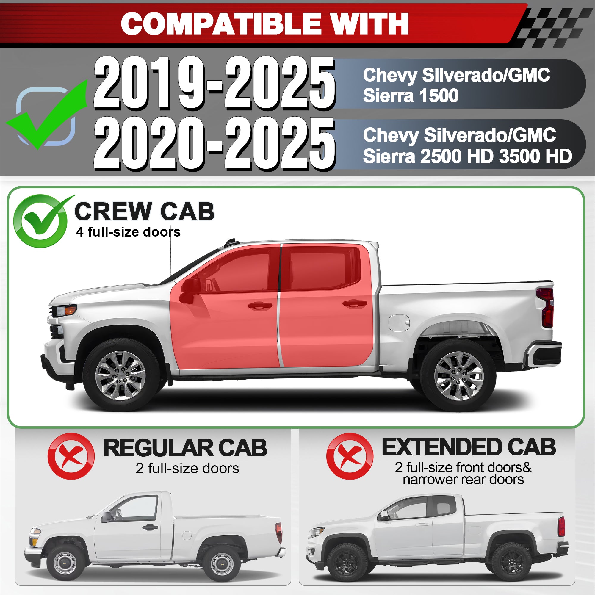 Running Boards Side Steps fit 2019-2025 Chevy SilveradoGMC Sierra 1500, 2020-2025 Silverado Sierra 2500 HD 3500 HD Crew Cab Bolt-On No Drilling